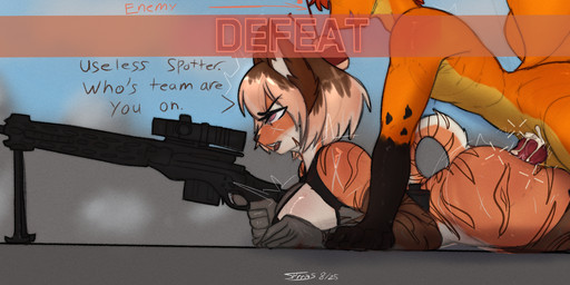 anthro balls bodily_fluids breasts butt clothed clothing cum cum_in_vagina cum_inside defeated dialogue duo erection female female_penetrated forced fur genital_fluids genitals gui gun hair holding_object holding_weapon male male/female male_penetrating male_penetrating_female military partially_clothed penetration penile penile_penetration penis questionable_consent ranged_weapon rifle sex simple_background sniper_rifle striped_body stripes tail text vaginal vaginal_penetration vulva weapon sprrigs- battlefield_(series) battlefield_6 electronic_arts kyoku_(sprrigs-) canid canine felid fox mammal pantherine tiger digital_media_(artwork) english_text hi_res