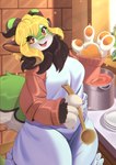 absurd_res anthro blonde_hair breasts clothed clothing cooking dragon female fur furred_dragon furred_scalie hair hi_res horn kimako-desu looking_at_viewer mythological_creature mythological_scalie mythology scalie smile solo tail