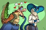 anthro anthro_on_anthro clothing dominant dominant_female duo eye_contact female green_background heart_symbol hypnosis hypnotic_eyes looking_at_another male male/female mind_control ringed_eyes simple_background submissive submissive_male undressing keona_tempt activision crash_bandicoot_(series) dingodile keona_ramos hybrid reptile scalie snake