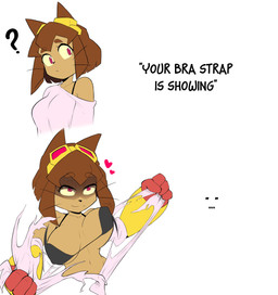 anthro big_breasts black_bra black_clothing black_underwear bra bra_strap breasts brown_hair cleavage clothed clothing ellipsis eyebrow_through_hair eyebrows eyelashes eyewear eyewear_on_head female goggles goggles_on_head hair heart_symbol mechanical_arm navel pink_eyes question_mark ripping_clothing ripping_shirt shirt short_hair simple_background smile solo topwear torn_clothing translucent translucent_hair underwear whiskers white_background white_clothing white_shirt white_topwear banjabu bra_strap_showing_(meme) gameoverse glitch_productions kit_bodega domestic_cat felid feline felis mammal 2026 absurd_res hi_res meme