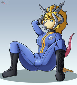 anthro breasts bulge clothed clothed_anthro clothed_intersex clothing detailed_bulge genital_outline gynomorph hand_behind_head intersex jumpsuit penis_outline solo spread_legs spreading vault_suit fourssss fallout microsoft warhammer_(franchise) mammal murid murine rat rodent skaven 2025 hi_res