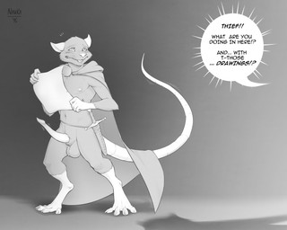 4_toes anatomically_correct anatomically_correct_genitalia anatomically_correct_penis animal_genitalia animal_penis anthro balls big_balls biped blush buckteeth caught_in_the_act cloak clothing dagger dialogue digitigrade erection feet genitals holding_object long_penis male melee_weapon mostly_nude navel nipples offscreen_character penis rodent_penis scroll solo speech_bubble standing surprised tail teeth text thief toes weapon nawka roshiyu mammal murid murine rat rodent 2016 5:4 digital_media_(artwork) english_text greyscale hi_res monochrome