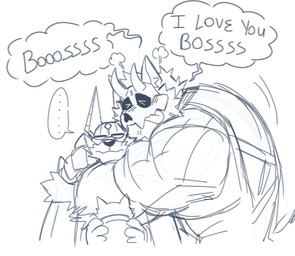 >_< anthro barazoku beard bone bone_mask clothing coat coat_over_shoulders collared_shirt dress_shirt duo ellipsis eyes_closed facial_hair feral holding_feral hug larger_anthro larger_male male male/male mask muscular muscular_anthro muscular_male shirt size_difference skull skull_mask smaller_anthro smaller_male speech_bubble text tongue tongue_out topwear vest juggermelon dislyte lilith_games atlas_(juggermelon) sander_(dislyte) anubian_jackal canid canine canis domestic_cat felid feline felis jackal mammal wolf 2024 english_text hi_res monochrome