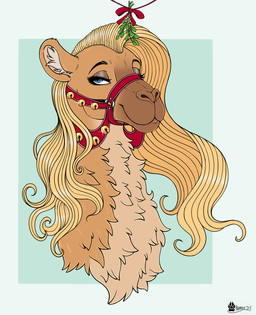 bell blonde_hair bridle female feral fur hair half-closed_eyes holidays inner_ear_fluff jingle_bell looking_at_viewer mistletoe mouth_closed narrowed_eyes plant red_bridle smile smiling_at_viewer solo tuft marcushunter christmas jewel_(marcushunter) camel camelid mammal 2025 headshot_portrait portrait signature