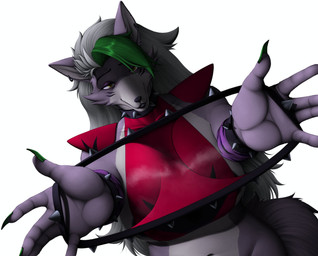 anthro areola areola_slip armwear big_breasts black_areola black_nose bottomless bracelet breasts cheek_tuft clothed clothing collar colored_nails ear_piercing eyelashes eyeshadow facial_markings facial_tuft female front_view fur green_highlights green_nails grey_hair hair head_markings highlights_(coloring) holding_clothing holding_object holding_panties holding_underwear jewelry long_hair long_nails looking_at_viewer makeup markings musk nails navel panties pattern_armwear pattern_clothing piercing pink_clothing pink_panties pink_topwear pink_underwear presenting_panties presenting_underwear purple_armwear purple_body purple_clothing purple_eyeshadow purple_fur shoulder_pads side_boob simple_background smile solo spiked_bracelet spiked_collar spikes striped_armwear striped_clothing stripes topwear tuft underwear white_background white_body white_fur wide_hips yellow_eyes enredadera five_nights_at_freddy's five_nights_at_freddy's:_security_breach scottgames steel_wool_studios roxanne_wolf canid canine canis mammal wolf hi_res