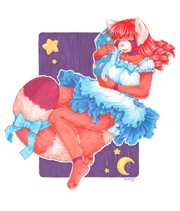 abstract_background accessory alternative_fashion anthro bedding blanket blue_ribbon bow_(feature) bow_ribbon breasts clean_diaper clothed clothing curly_hair diaper diaper_under_clothing dress exposed_diaper eyelashes eyes_closed female fluffy fluffy_tail frilly frilly_clothing frilly_dress fur furgonomics hair j-fashion lolita_(fashion) markings moon night orange_body orange_fur pillow pink_nose purple_background red_body red_fur red_hair ribbons ring_(marking) ringed_tail simple_background sleeping solo star striped_markings striped_tail stripes sweet_lolita tail tail_accessory tail_bow tail_markings tail_ribbon wearing_diaper malachyte spixy ailurid mammal red_panda 2016 hi_res marker_(artwork) traditional_media_(artwork)