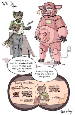 anthro bottomwear clothed clothing collar controller dialogue fur grey_bottomwear grey_clothing grey_pants hair machine male multicolored_body multicolored_fur pants pink_body plug remote_control roleplay scanning text bewskyss animatronic bovid bovine canid canine canis cattle domestic_dog mammal robot absurd_res comic english_text hi_res url