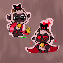 1_eye 2_horns 4_fingers ambiguous_feral ambiguous_gender antennae_(anatomy) anthro bell bell_collar black_body black_collar black_eyes black_fur black_hooves black_nose bodily_fluids brown_horn cape closed_smile clothing cloven_hooves collar crown evil_face feral fingers fire fist fur furrowed_eyebrows grey_background group headgear hooves horizontal_pupils horn insect_wings larger_anthro larger_male lepidopteran_wings looking_down looking_down_at_another male male_anthro mouth_closed narrowed_eyes no_eyebrows pupils red_cape red_clothing red_sclera red_tongue short_horn simple_background size_difference small_horn small_nose smaller_ambiguous smaller_feral smile smiling_at_another squint standing straight_legs sweat tail teeth tongue trio white_body white_fur white_pupils white_tail wings wool_(fur) yellow_eyes yellow_wings vampkettleartz cult_of_the_lamb massive_monster_(studio) lamb_(cult_of_the_lamb) red_crown_(cult_of_the_lamb) animate_inanimate arthropod bovid butterfly caprine insect lepidopteran mammal sheep 1:1 2022 absurd_res colored digital_drawing_(artwork) digital_media_(artwork) english_description hi_res multiple_images shaded