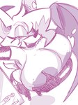 anthro areola big_areola big_breasts breasts covering covering_breasts emoji female grin smile solo text texting lil-potion-shop sega sonic_the_hedgehog_(series) rouge_the_bat bat canid canine fox mammal 2023 hi_res