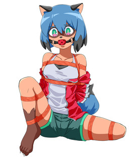 anthro ball_gag bdsm blue_hair bondage bound brown_body female gag hair leg_markings looking_at_viewer markings multicolored_body multicolored_eyes on_ground orange_body restrained restraints rope rope_bondage simple_background sitting socks_(marking) solo two_tone_body white_background darksnakes brand_new_animal studio_trigger michiru_kagemori canid canine mammal raccoon_dog tanuki absurd_res hi_res