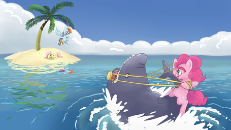 beach blue_body blue_eyes blue_feathers blue_fur bridle cloud cutie_mark detailed_background feathered_wings feathers female feral fur green_eyes group hair holding_object holding_reins island multicolored_hair outside palm_tree pink_body pink_fur pink_hair plant rainbow_hair reins riding rope sand seaside sky straddling tree water wings yellow_body yellow_fur spicyhamsandwich friendship_is_magic hasbro my_little_pony mythology fluttershy_(mlp) pinkie_pie_(mlp) rainbow_dash_(mlp) aquatic earth_pony equid equine fish horse mammal mythological_creature mythological_equine pegasus pony shark 16:9 2012 hi_res widescreen
