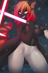 2021 anthro breasts clothed clothing detailed_background digital_media_(artwork) disney felid feline female forest hi_res lightsaber lucasfilm mammal melee_weapon midriff mika_the_cat night outside plant red_lightsaber smile star_wars tree weapon weeniewonsh