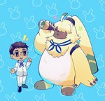 ahoge anthro blush brown_hair duo eyewear fur glasses hair hair_over_eye long_ears male one_eye_obstructed ponytail_ears telescope yellow_body yellow_fur slayer_dramonz bandai_namco digimon angoramon digimon_(species) human lagomorph leporid mammal rabbit hi_res
