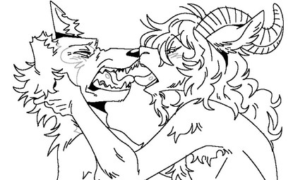 anthro duo fangs french_kissing fur grabbing_head hair horn kissing male male/male missing_ear notched_ear questionable_consent shirtless shy teeth tongue spicedpopsicle beastars legoshi_(beastars) pina_(beastars) bovid canid canine canis caprine mammal sheep wolf monochrome