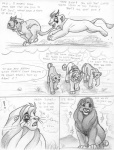 backpack belly big_belly dialogue digitigrade female feral greeting male male/male pregnant pregnant_male quadruped tail tail_tuft text tuft young young_feral leovictor arthos sykur felid lion mammal pantherine 2008 black_and_white comic english_text monochrome shaded