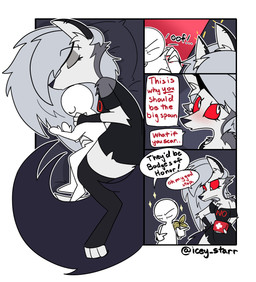 cuddling dialogue duo faceless_character faceless_male female finger_gun fingers first_aid_kit gesture hand_gesture male medical_instrument scientific_instrument scratching speech_bubble text icey_(artist) hellaverse helluva_boss mythology loona_(helluva_boss) canid canid_demon canine demon hellhound mammal mythological_canine mythological_creature 2025 absurd_res comic digital_media_(artwork) english_text hi_res