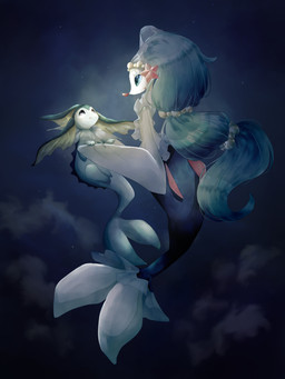 accessory blue_body blue_eyes blue_hair duo female feral fin gem hair hair_accessory long_ears long_hair pearl_(gem) pink_nose spikes split_form starfish_(accessory) tail underwater water white_body nintendo pokemon aquatic asterozoan echinoderm eeveelution generation_1_pokemon generation_7_pokemon pokemon_(species) primarina starfish vaporeon absurd_res hi_res