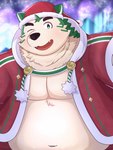 anthro belly black_nose christmas_clothing christmas_headwear clothing cute_fangs fangs green_body hat headgear headwear holidays kemono male moobs navel night one_eye_closed open_mouth outside overweight overweight_male santa_hat solo teeth wink guratan_wa christmas lifewonders live_a_hero mokdai canid canine canis domestic_dog mammal 2024 hi_res