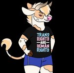 anthro biped black_clothing black_shirt black_topwear blue_bottomwear blue_clothing blue_shorts bottomwear clothing horn lgbt_pride male pink_nose positive_message pride_colors red_eyes shirt shorts solo standing text text_on_clothing text_on_shirt text_on_topwear topwear transgender_pride_colors goldiescales anthony_(goldiescales) bovid bovine cattle mammal 2019 alpha_channel english_text trans_(lore) trans_man_(lore)