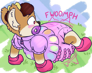 ambiguous_gender anthro big_diaper black_nose blush blush_lines bondage_gear bondage_gloves booties brown_body brown_fur brown_hair clean_diaper clothed clothing crown detailed_background diaper dress footwear fur gradient_fur grass hair handwear headgear heart_eyes heart_symbol holidays huge_diaper lock lock_symbol locked_diaper lying multicolored_body multicolored_fur object_in_mouth on_back pacifier pacifier_in_mouth pink_clothing pink_diaper pink_footwear plant purple_clothing purple_dress purple_pacifier sky solo sound_effects tan_body tan_fur tan_inner_ear wearing_diaper ludis-luteo easter auror_(paddedpupprince) canid canine canis domestic_dog mammal 2019 full-length_portrait hi_res portrait