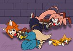 anthro ball_gag barefoot bdsm bondage bound breasts cleavage clothed clothing feet female gag group looking_at_viewer lying on_side overalls restraints rope rope_bondage trio wings gagmanzx dust:_an_elysian_tail fidget_(elysian_tail) ginger_(elysian_tail) haley_(elysian_tail) bat domestic_cat felid feline felis lagomorph leporid mammal nimbat rabbit archived_source