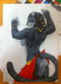 anthro bedroom_eyes black_hair black_nose blue_body blue_fur bracelet breasts butt butt_pose claws clothed clothing dreadlocks female fur hair half-closed_eyes jewelry looking_at_viewer looking_back muscular muscular_anthro muscular_female narrowed_eyes orange_eyes pen pose presenting presenting_hindquarters rear_view seductive side_boob simple_background smile solo text topless whiskers white_background yellow_sclera wolfy-nail felid mammal pantherine 2011 english_text portrait three-quarter_portrait traditional_media_(artwork) watermark