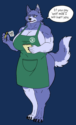 anthro apron apron_only big_breasts blue_body blue_fur breasts clothing female fur grumpy huge_breasts mature_anthro mature_female muscular muscular_anthro muscular_female notebook pencil_(object) solo text thick_thighs threatening threatening_violence white_body white_fur wide_hips working silly.dog i_mean_breast_milk mythology starbucks bubbles_(sillydog) canid canine mammal mythological_canine mythological_creature werecanid werecanine werecreature werewolf alpha_channel english_text meme