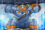 abs anthro armpit_hair biceps blue_eyes body_hair grey_body hair hairy_legs horn lifted lifting lifting_object looking_at_viewer male muscular muscular_anthro muscular_male orange_hair pecs solo tusks vein veiny_muscles water wet waddledox bandai_namco digimon digimon_(species) mammal zudomon hi_res