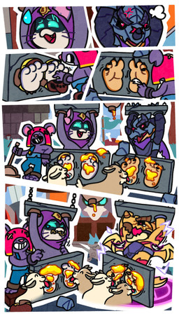 4_toes anthro ball_gag bodily_fluids buckteeth claws cross-popping_vein feet feral food foot_fetish foot_lick fur gag gagged grey_body grey_fur group honey_(food) honey_on_feet horn key key_in_mouth laugh licking loose_feather male open_mouth open_smile pink_inner_ear pink_nose purple_hood raised_arms restrained restraints scales smile stocks sweat sweatdrop tail tears teeth tickle_fetish tickle_torture tickling tickling_armpits tickling_feet toe_claws toes tongue tongue_out whiskers white_body white_fur wings yellow_body yellow_scales patugh brawl_stars mythology supercell_(company) crow_(brawl_stars) kit_(brawl_stars) lockpick_kit moe_(brawl_stars) bovid caprine domestic_cat dragon felid feline felis goat mammal murid murine mythological_creature mythological_scalie rat rodent scalie absurd_res comic hi_res