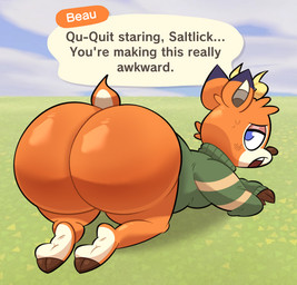anthro antlers ass_up bedroom_eyes blue_eyes blush bodily_fluids bubble_butt butt butt_focus clothed clothing dialogue facial_markings feet foot_fetish glistening glistening_body glistening_butt green_clothing green_sweater green_topwear head_markings hoof_fetish hooves horn looking_at_viewer looking_back looking_back_at_viewer lying male markings multicolored_body muzzle_(marking) narrowed_eyes nervous on_front on_ground open_mouth orange_body partially_clothed presenting presenting_hindquarters seductive solo speech_bubble stuttering sweat sweater talking_to_viewer text thick_thighs tongue topwear tuft ranchysnax animal_crossing nintendo beau_(animal_crossing) antelope bovid deer mammal absurd_res english_text hi_res