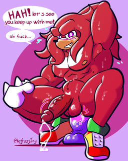 abs anal anal_penetration anthro balls bodily_fluids clothing cum dildo dildo_in_ass dildo_insertion dildo_sitting erection fur genital_fluids genitals gloves handwear humanoid_genitalia humanoid_penis looking_at_viewer male male_penetrated muscular muscular_anthro muscular_male nipples nude object_in_ass pecs penetration penis red_body sex_toy sex_toy_in_ass sex_toy_insertion smile solo text fizzyjay sega sonic_the_hedgehog_(series) knuckles_the_echidna echidna mammal monotreme 4:5 digital_media_(artwork) english_text hi_res