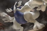 ambiguous_gender blue_body clothing fangs looking_at_self low-angle_view solo surprised_expression tail teeth torn_clothing transformation white_body spectrumshift nintendo pokemon avian generation_2_pokemon legendary_pokemon lugia pokemon_(species) taur 2022 3:2 absurd_res hi_res shaded