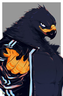 anthro beak claws clothing fur jacket looking_at_viewer male muscular muscular_anthro muscular_male solo topwear sho_tr29 avian bird hi_res