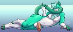 4_toes 5_fingers anthro arm_tuft balls bite blue_eyes blue_hair cheek_tuft chest_tuft countershading elbow_tuft erection facial_tuft feet fingers fur genitals green_body green_fur hair holding_tail inner_ear_fluff looking_at_viewer lying lying_on_ground male neck_tuft nipples on_ground on_side pawpads penis pink_nose pink_pawpads pink_penis self_bite simple_background smile solo tail tail_bite tail_in_mouth toes tuft white_body white_fur candy.yeen vramho domestic_cat felid feline felis mammal 2025 absurd_res hi_res shaded signature