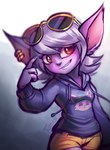 bangs bottomwear breasts brown_eyes clothing ear_piercing eyelashes eyewear female glasses grey_background hair hoodie humanoid_pointy_ears piercing pointy_ears purple_body purple_skin shorts simple_background small_breasts smile smirk solo topwear white_hair te4moon_(artist) league_of_legends riot_games tencent teemo_(lol) tristana_(lol) humanoid yordle artist_name colored portrait signature