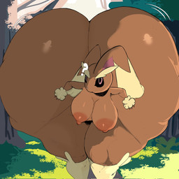 anthro areola bent_over big_breasts big_butt black_sclera breasts brown_areola brown_body brown_nipples butt female huge_butt huge_hips huge_thighs hyper hyper_butt hyper_hips hyper_thighs looking_at_viewer nipples nude pink_eyes solo thick_thighs wide_hips anothercat nintendo pokemon generation_4_pokemon lopunny pokemon_(species) 1:1 hi_res