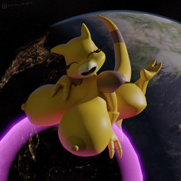 2_toes 3_fingers anthro big_breasts breasts bubble earth eyelashes eyes_closed feet female fingers hand_on_breast happy huge_breasts hyper levitating levitation looking_at_viewer nipples nude planet shortstack smile soles solo space tail teeth toes tongue yellow_body yellow_skin farran_height_(artist) nintendo pokemon abra generation_1_pokemon mammal pokemon_(species) 1:1 3d_(artwork) digital_media_(artwork) hi_res