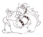 anthro belly blush bodily_fluids crown duo headgear hug male male/male overweight overweight_male sweat tongue tongue_out leothelionel mario_bros nintendo super_mario_bros._2 bowser wart_(mario) koopa scalie 2021 sketch