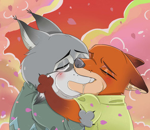 3_fingers abstract_background anthro claws clothed clothed_anthro clothed_male clothing duo eyes_closed finger_claws fingers inner_ear_fluff interspecies kissing male male/male tuft unknown_artist disney yoshi_and_toad_kissing zootopia nick_wilde pawbert_lynxley canada_lynx canid canine felid feline fox lynx mammal red_fox true_fox hi_res