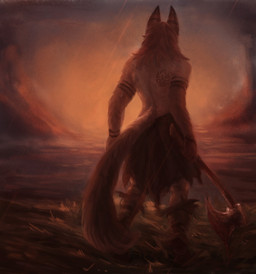 anthro axe clothed clothing detailed_background holding_object holding_weapon male melee_weapon outside raining solo standing topless weapon raventenebris canid canine canis domestic_dog mammal digital_media_(artwork) hi_res