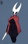 anthro big_breasts black_body black_eyes breasts cape cape_only clothing featureless_crotch female front_view mostly_nude sewing_needle simple_background solo thick_thighs wide_hips rodd.y hollow_knight team_cherry hornet_(hollow_knight) arthropod hi_res