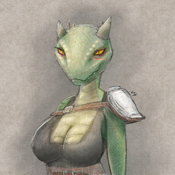 anthro armor belt big_breasts breasts clothing countershade_torso countershading female green_body horn looking_at_viewer low_cut_shirt non-mammal_breasts orange_eyes scar shoulder_guards simple_background smile smiling_at_viewer smirk smirking_at_viewer solo teeth teeth_showing varlastreak bethesda_game_studios microsoft skyrim the_elder_scrolls deeja argonian scalie 1:1 portrait