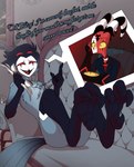 anthro barefoot calling dialogue duo feet furniture male male/male nude sofa soles talons toes foot_ninja15 helluva_boss blitzo_(helluva_boss) stolas_(helluva_boss) avian bird demon imp owl absurd_res digital_drawing_(artwork) digital_media_(artwork) hi_res