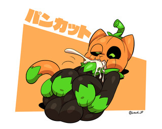 autofellatio balls big_balls big_penis black_sclera bodily_fluids cum cum_in_mouth cum_in_own_mouth cum_in_pumpkin cum_in_self cum_inside cum_on_self feral food for_a_head fruit genital_fluids genitals green_eyes male male_feral masturbation oral oral_masturbation penile penile_masturbation penis plant pumpkin pumpkin_head solo text joaoppereiraus pumkat elemental_creature felid flora_fauna food_creature living_fruit mammal object_head 2020 5:4 digital_media_(artwork) hi_res japanese_text signature