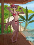 5_toes accessory anthro barefoot beach beach_house bikini blue_sky breasts brown_body brown_fur claws clothed clothing feet female flower flower_in_hair fur hair hair_accessory island outside paws plant plantigrade sand seaside sky solo swimming_pool swimwear toes towel tree tropical two-piece_swimsuit ruffu beastars netflix juno_(beastars) canid canine canis mammal wolf digital_media_(artwork)