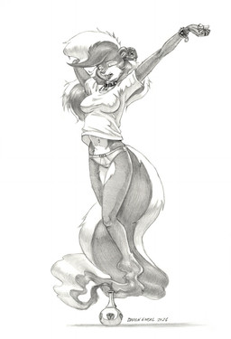 anthro bottle clothing container eyes_closed female fur hair hand_behind_head navel nipple_outline open_mouth panties shirt solo topwear underwear yawn baron_engel rosemary_parker_(character) genie mammal mephitid skunk 2026 greyscale hi_res monochrome