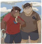 anthro belly blush bodily_fluids bottomwear brown_body brown_fur clothing duo fur humanoid_hands kemono male outside overweight overweight_male shirt shorts sweat topwear train_(artist) bovid bovine cattle mammal 2018