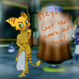 anthro blurred_background blush covering covering_crotch covering_self dialogue embarrassed looking_at_viewer male nude shower solo text towel phuwafu ratchet_and_clank sony_corporation sony_interactive_entertainment ratchet_(ratchet_and_clank) lombax mammal 1:1 english_text hi_res