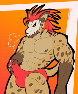 abs anthro bodily_fluids bone bone_mask clothing cum genital_fluids genitals male mask masturbation masturbation_through_clothing muscular muscular_anthro muscular_male nipples pecs penis skull skull_mask solo speedo swimwear admiralgus1897 rivals_of_aether forsburn hyena mammal spotted_hyena hi_res
