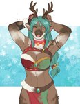 anthro antlers bell bell_collar bottomwear bra brown_body brown_fur brown_skin clothed clothing collar dark_body dark_skin female fur green_hair hair harness horn humanoid_to_anthro jingle_bell jingle_bell_collar loincloth long_hair midriff partially_clothed skimpy solo species_transformation tongue tongue_out transformation underwear amber-aria lyn_(z-ray) deer elf humanoid mammal new_world_deer reindeer